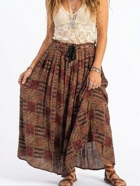 Vintage Cotton Express Boho Geometric Maxi Broom Skirt Red Tan Bells